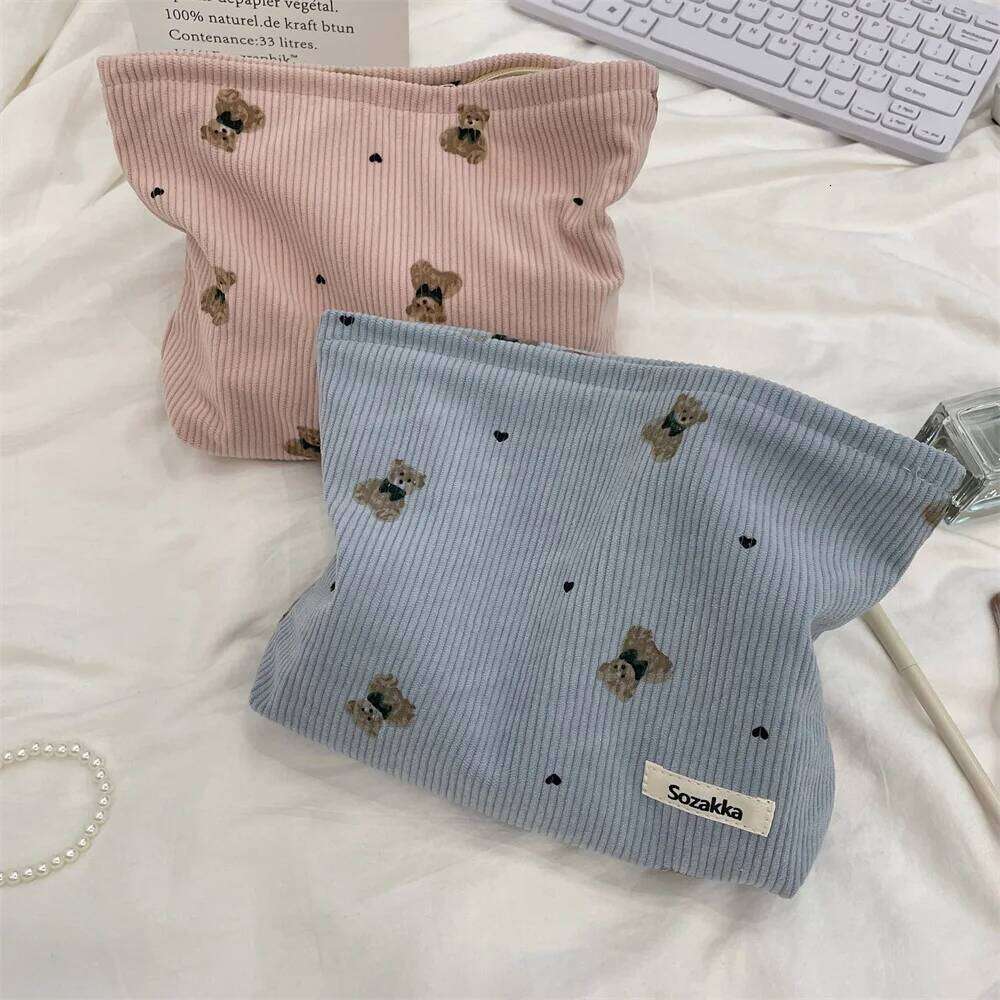 New Corduroy Bear Printed Clutch Cosmetic Large Capacity Pouch Toiletries Bag Travel Outdoor Makeup Storage Y260206