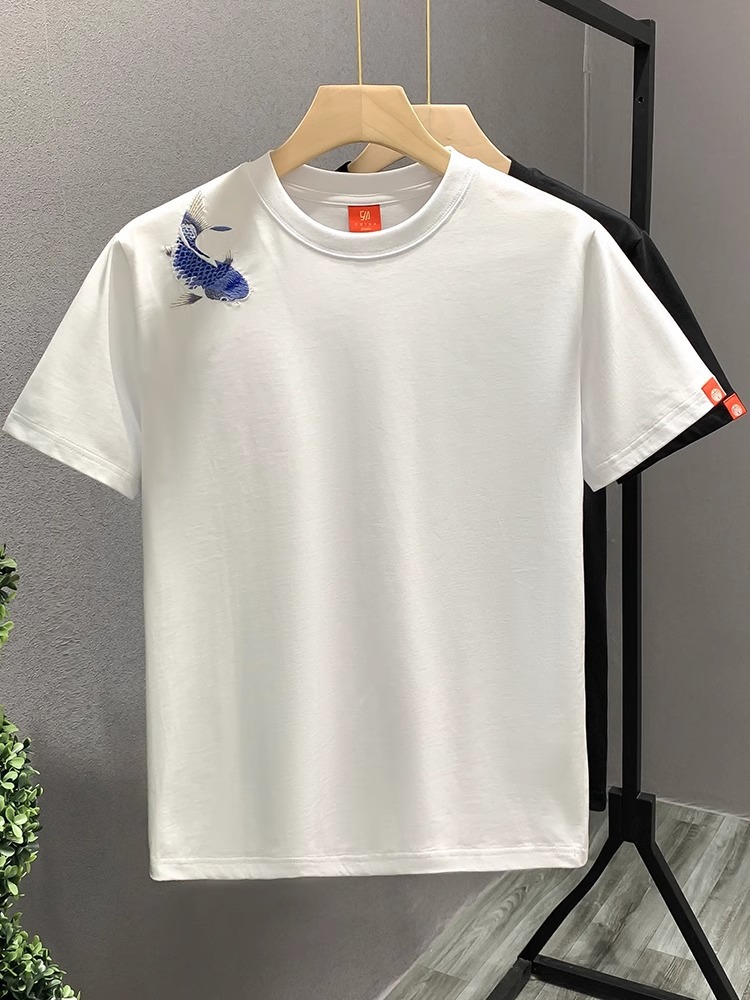 2026 New Chinese style Embroidered Short Sleeve Summer Men's Trendy Round Neck T-shirt Black and White Free Shipping Hot Sale