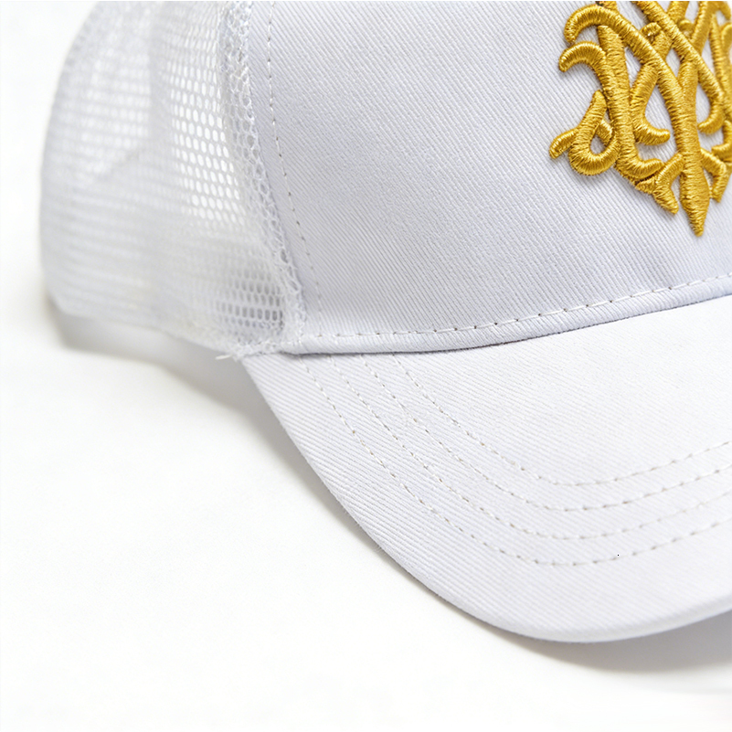 Men's Women's White Gold Embroidery Mesh Cap Adjustable Curved Brim Streetwear Hat