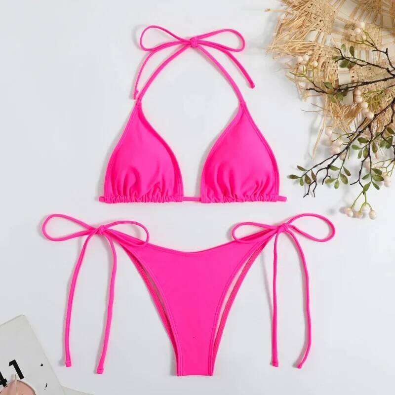Sexy Women Thong Solid Color Bikini Set Side Halter Tie Swimsuit Ladies Split Strap Adjustable Brazilian Swimwear Beachwear Z260206