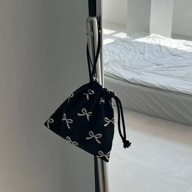 Women Sweet Kawaii String Makup Girl Korean Bow Printed Mini Drawstring Bag Cosmetic Storage Pouch Y260206