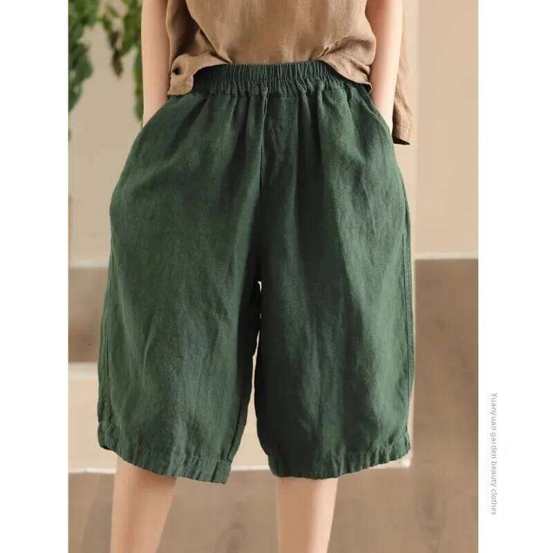 Cotton Linen over Knee Summer Five-Point Loose Elastic plus Size Casual Wide Leg Pants for Middle-Aged And Elderly XJ260206