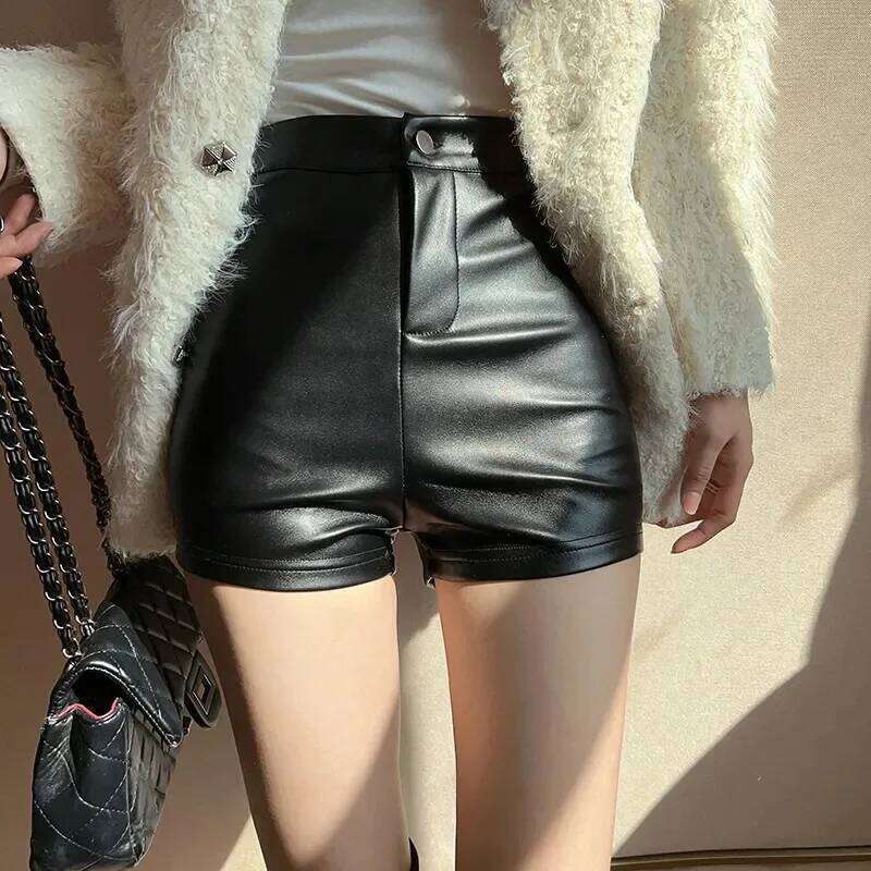 High Waist Short Women's Wide Leg PU Leather Casual Autumn Winter Bootleg Pants Fashionable Slimming Effect XJ260206