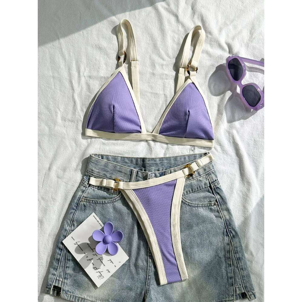 Sexy Khaki Patchwork Micro Bikini 2026 Women Brazilian Push Up Bra Metal Circle Thong Swimsuit Bathing Suit Holiday Swimwear XJ260206