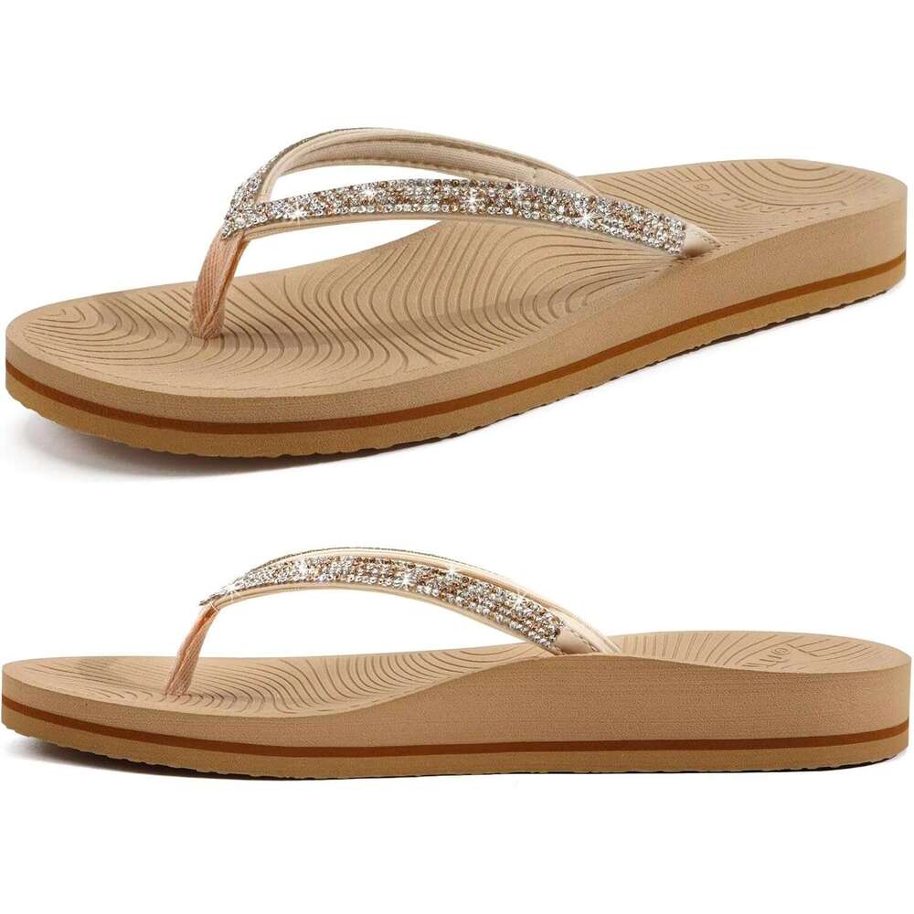 Women's Rhinestone Flip Flops With Comfort Arch Support Yoga Mat Cushion Sandals Fashion Summer Beach Travel Orthotic Walking Thong Sandles Slip 
