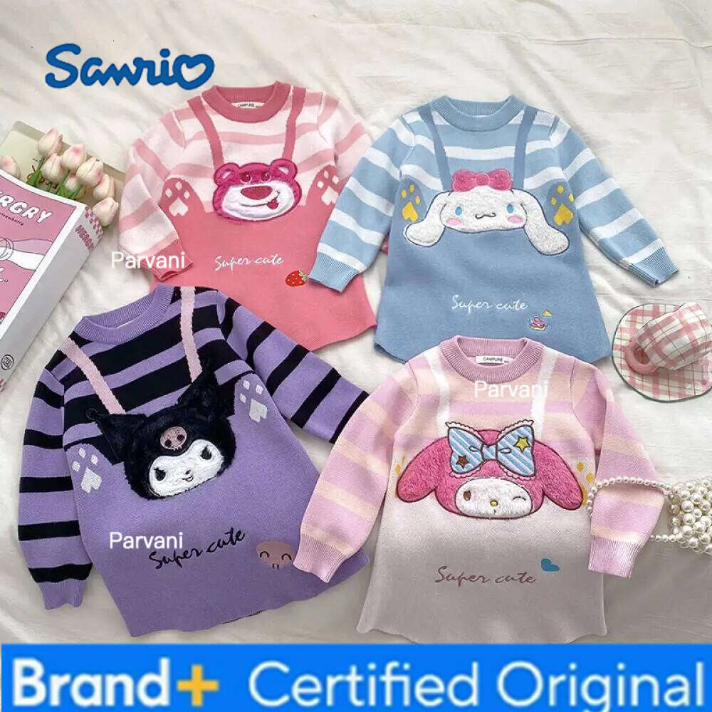 Sanrio Kuromi Girls Autumn and Winter Cartoon Sweet Princess Melody Suspender Striped Plush Casual Sweater Dress Gift H260206