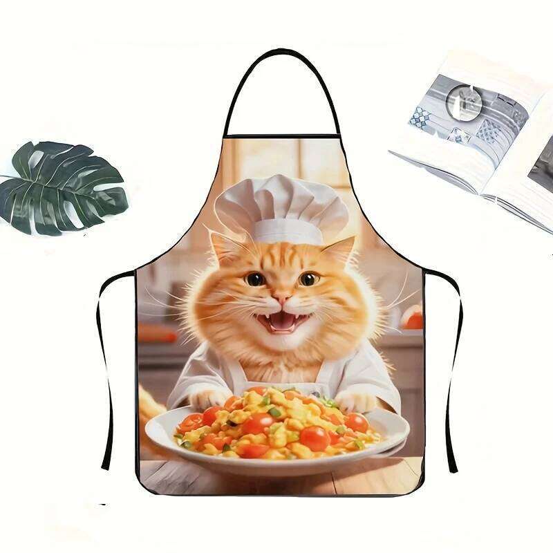 1pc Funny Cooking Chef for Men & Women - Polyester Kitchen with Cute Ginger Design, Cat Apron S260205 80d