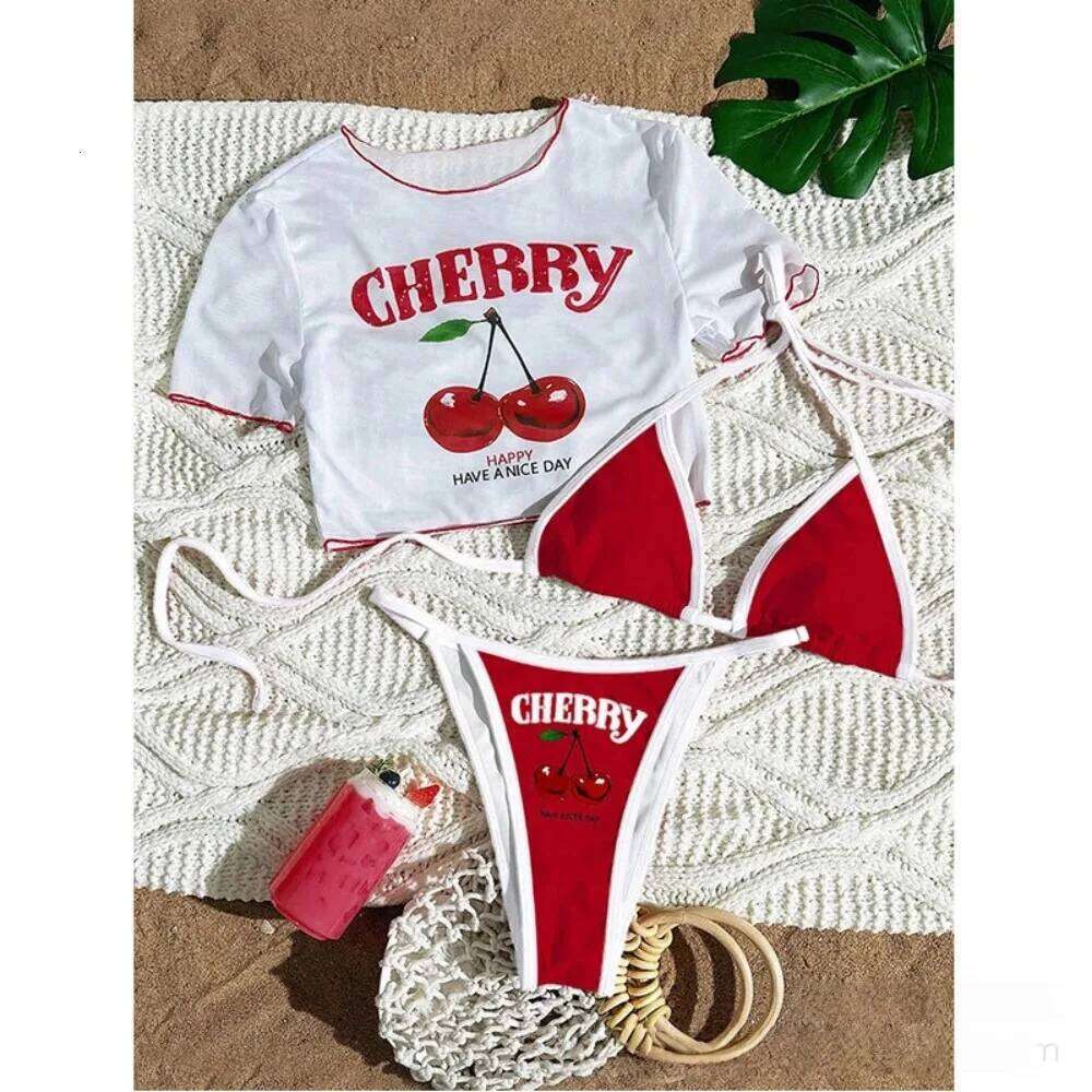2026 New Printed Top Mesh Blouse Split Sexy Three-Piece Bikini Swimsuit Women Z260206