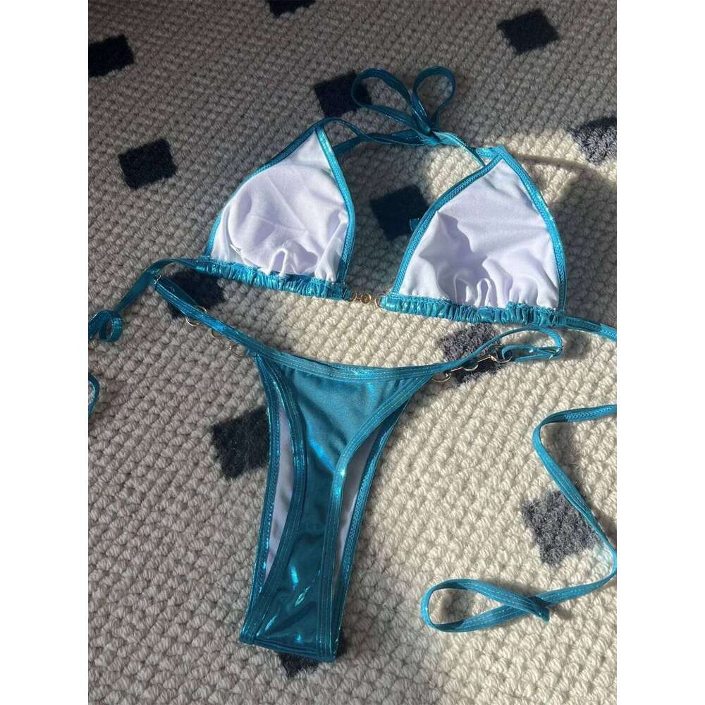 Shiny Pink Micro Bikini 2025 Mujer Women Sexy PU Pearls Push Up Thong Swimsuit Summer Bathing Suit Bandage Holiday Swimwear Z260206