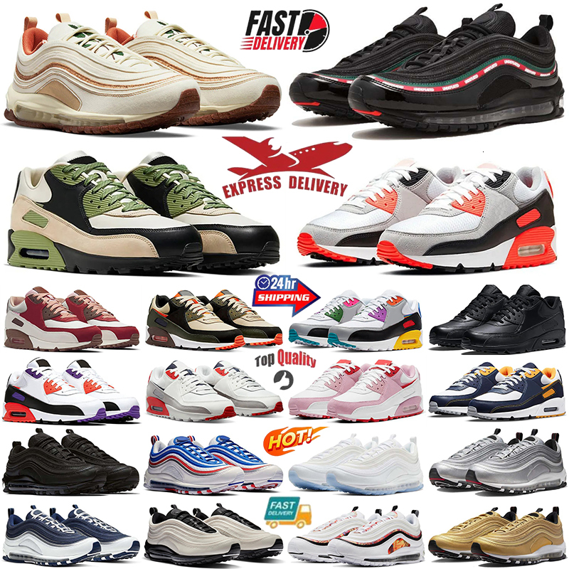 With Box 97s 97 Running Shoes For Mens Womens Platform Runner Triple Black White Metallic Silver Bright Citron Designer 90 90s Trainers Outdoor Sneakers Size 36-45