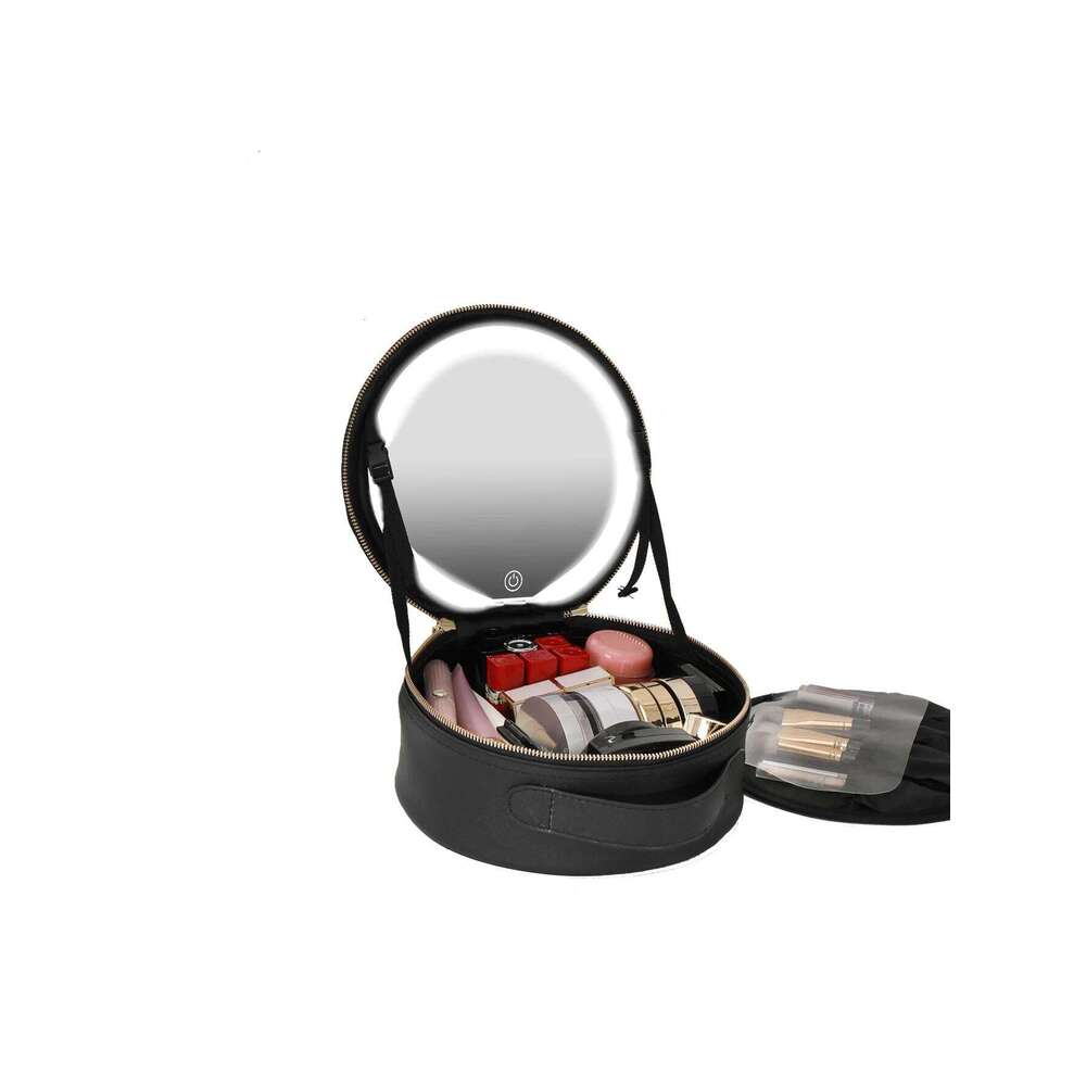 LED Illuminated Travel Makeup bag, USB Powered, Foldable Countertop Cosmetic Cases, PU Leather, with 3 Color Lighting Modes Y260206