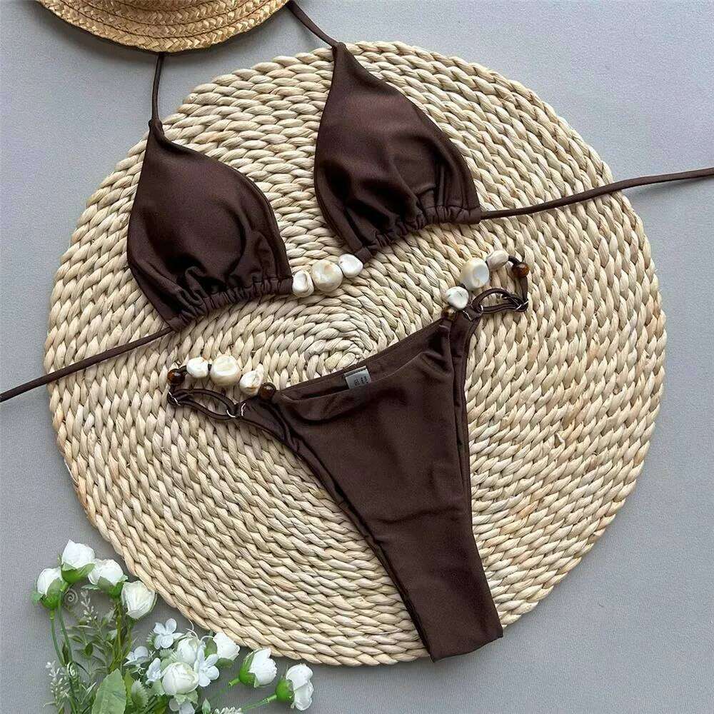 Solid Green Swimwears Sexy Halter Triangle Bead String Bikini Mini Micro Thong Swimsuit Woman 2026 Summer Brazilian Bikinis Sets XJ260206