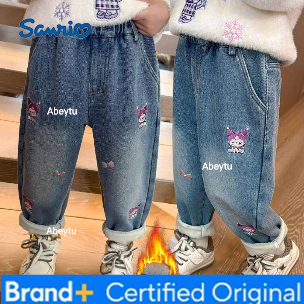 Sanrio Girls' Kuromi Fleece-Lined Jeans Winter and Spring New Fashion Children's Cute Cartoon Embroidery Bow Casual Long Pants H260206