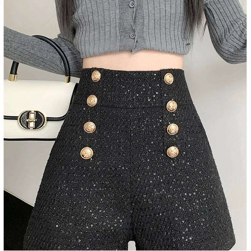 Fashion Streetwear Y2K Winter Women Korean High Waist Cute Sequined Tweed Booty Shorts Loose Wide Leg Short Pants Femme XJ260206