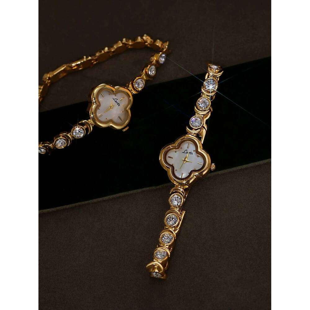 1 Piece of New High-End French Luxury Fashion Inlaid Clover Shape Surface 30m Waterproof Quartz Rhinestone Mother-Of-Pearl Dial Gorgeous Romantic Z260