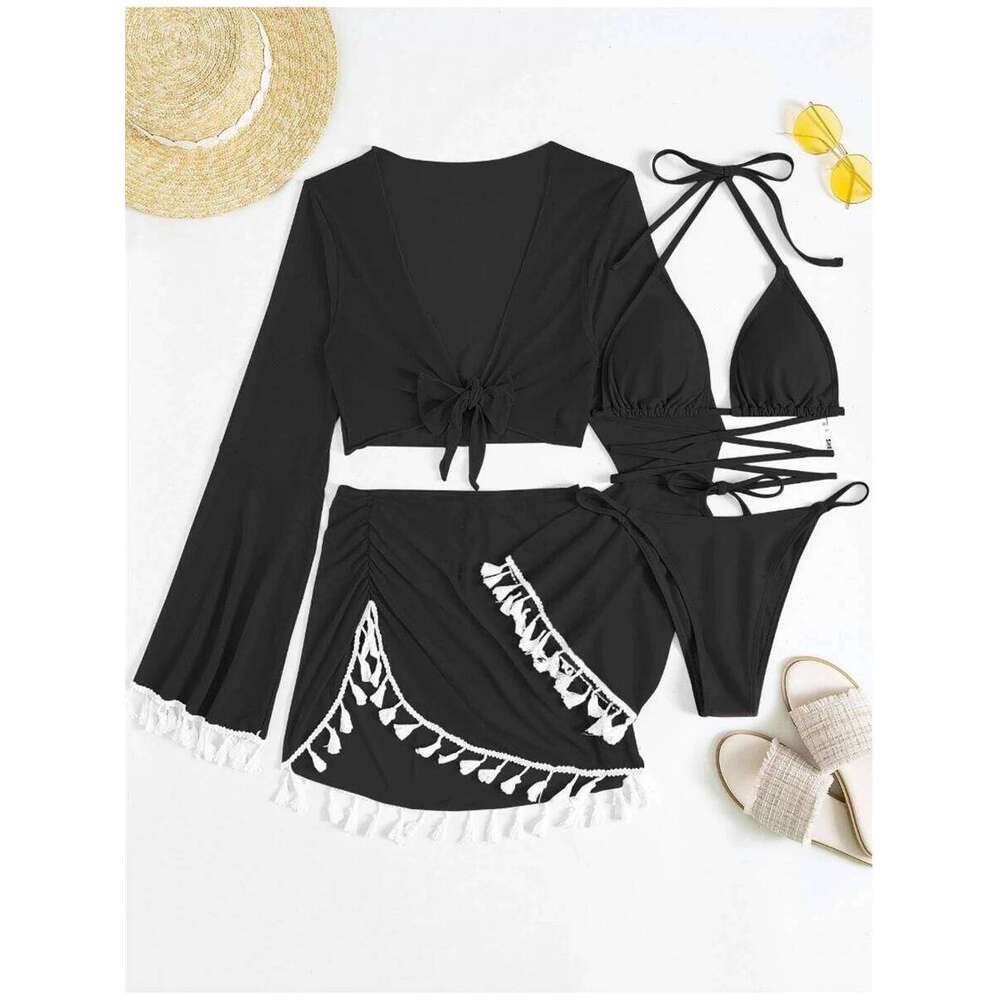 Sexy 4 Pieces Halter Bikinis Women Solid Swimwear Female Cover Up Swimsuit Long Sleeve And Skirt Bathing Suit Beachwear Summer Z260206