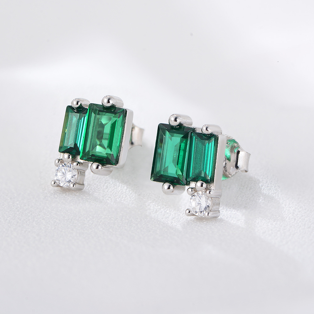 Minimalist Geometric Square Emerald Zircon Stud in Sterling Silver Wholesale Ins Palace Style Elegant Earrings