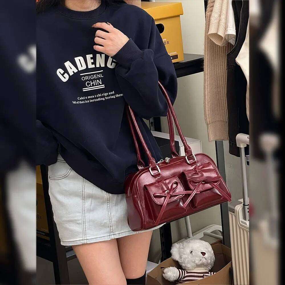 Fashion Bow Women's Bowling Shoulder Bags Portable High Capacity Ladies Underarm Pillow Bag Commuter Female PU Leather Handbags Y260205