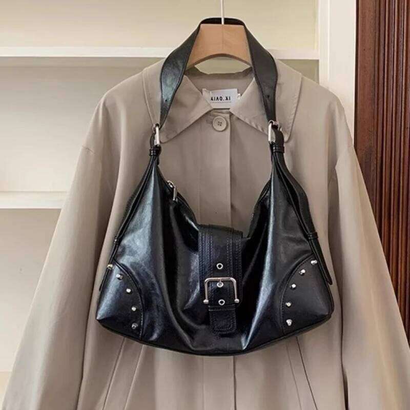 Vintage Versatile Glossy Surface PU Leather Women's Shoulder Fashion Rivets Ladies Underarm Bags Casual Female Handbags Y260205