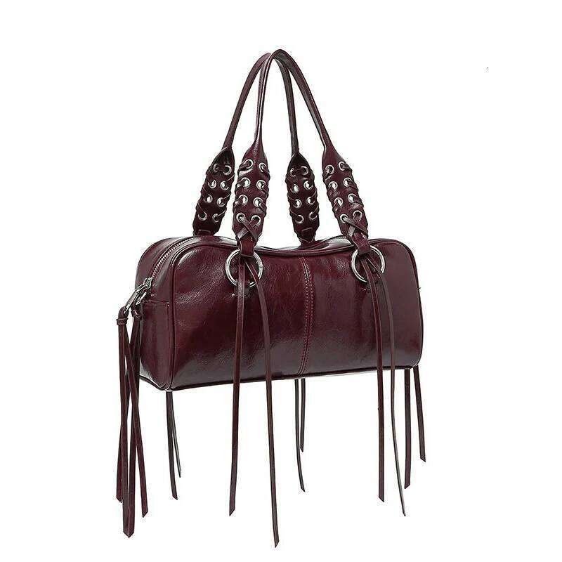 Crack Effect Crossbody Bowling Bag,Designer Punk Metal Studded Fringed Women Sling Shoulder Bag,Burgundy Rivet Tassel Handbag Y260205