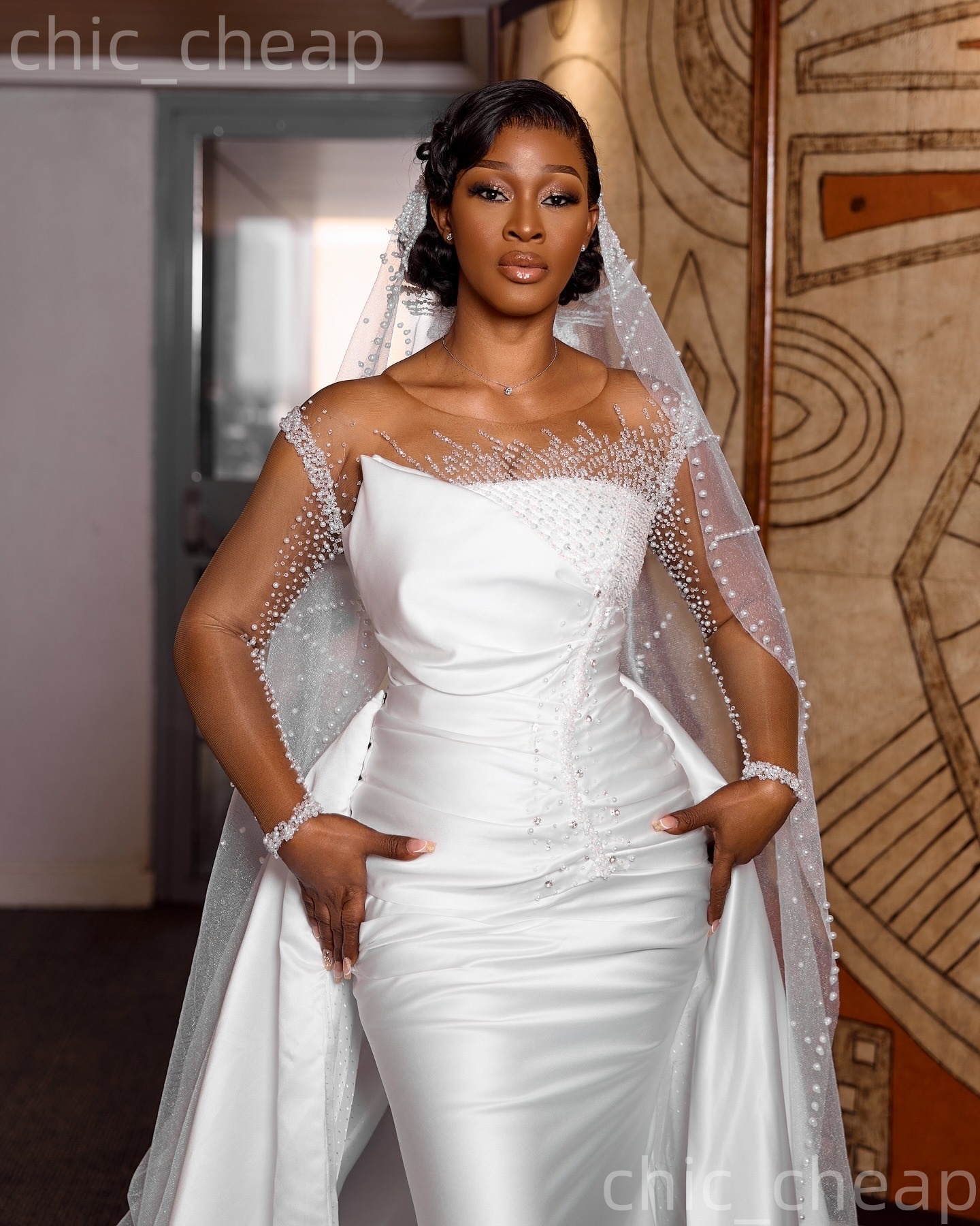 African Aso Ebi 2026 Ivory Mermaid Wedding Dress Beaded Pearls Sheer Neck Satin Detachable Train Full Sleeves Bridal Gowns Dresses ZJ236