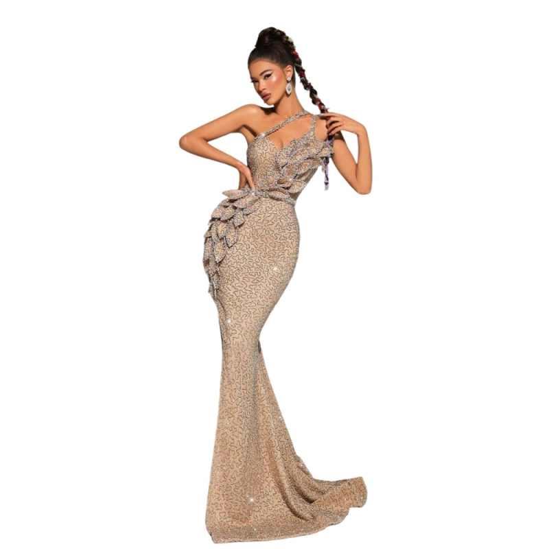 Luxury Crystals Golden Mermaid Prom Evening Dresses With High Slit 3D Flower Women Glitter Sequin Long Party Dress Customized
