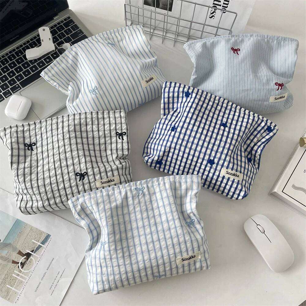 Striped Plaid Embroidered Women Cosmetic Bag Portable Zipper Makeup Travel Organizer Female Toiletry Storage Pouch Y260206