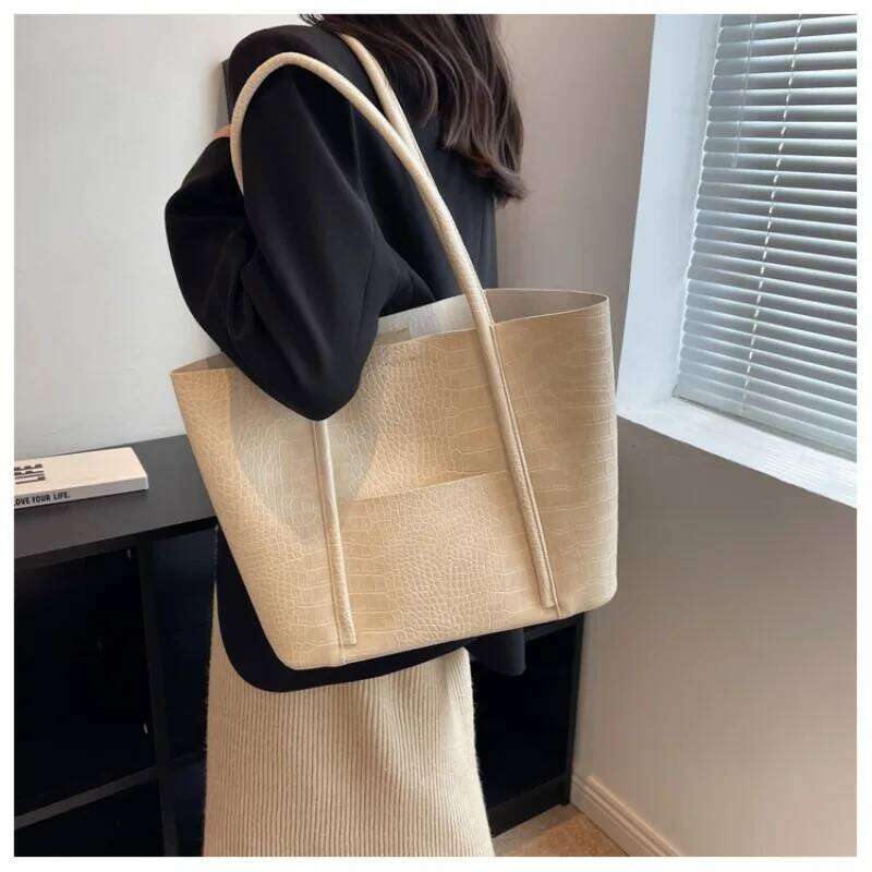 Crocodile Pattern Women Set 2-IN-1 Large Capacity Shopping Totes Shoulder Bags with Pure Color Soft PU Leather Big Tote Bag Y260205