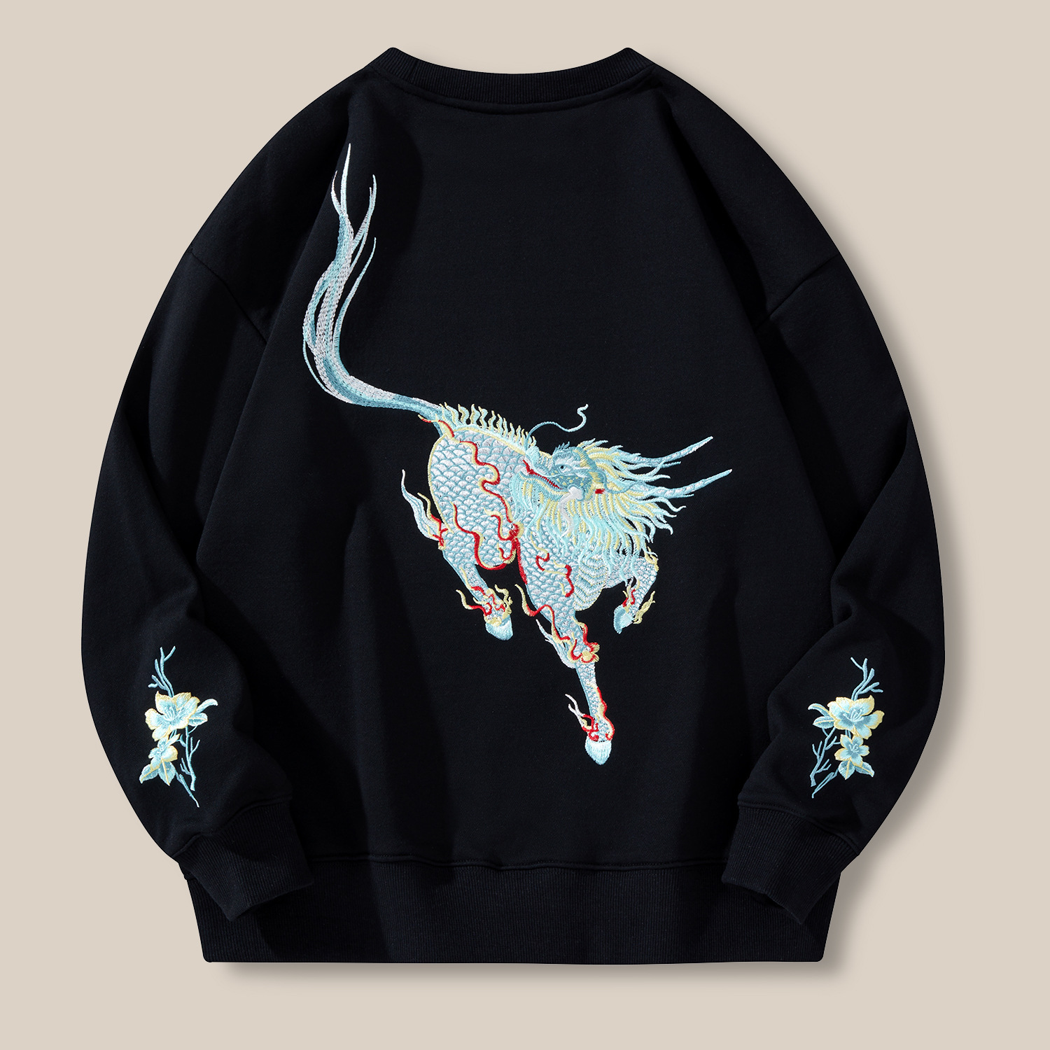 Free Shipping 2026 New Design Kirin Embroidery Hoodie Chinese Style Loose Trend Men Crewneck Top Black White