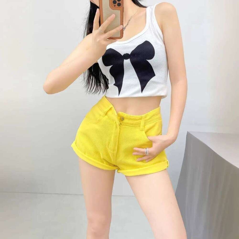 Summer Denim Shorts Women Lemon Yellow A-shaped Wide Leg Curled Jeans Hot Pants C260206