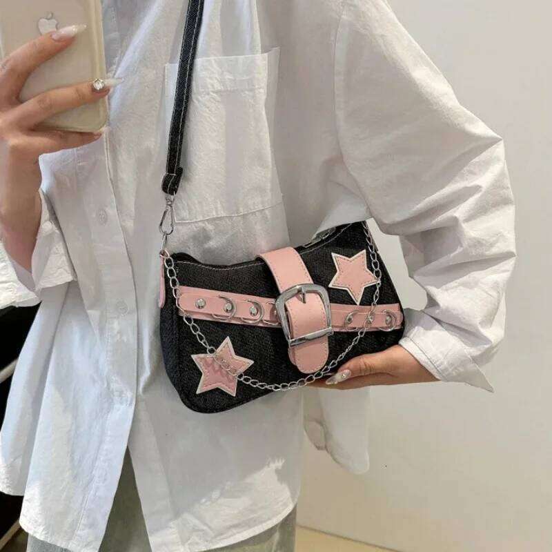 Y2k Cool Hot Girls Denim Shoulder Bags Vintage Rivet Star Women's Chain Underarm Bag Contrasting Color Female Portable Handbag Y260205