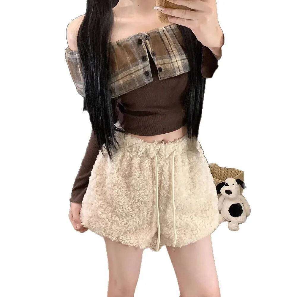 Women's Thickened Lamb Fur Short Winter High Waist Straight Wide Leg Boots A- Line Casual Pants Polyester Fiber XJ260206