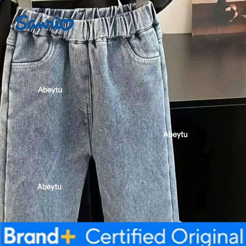 Sanrio Hello Kitty Baby Jeans for Girls Comfortable Patchwork Straight Leg Pants Cute Autumn Winter Kawaii Trousers Fashionable H260206