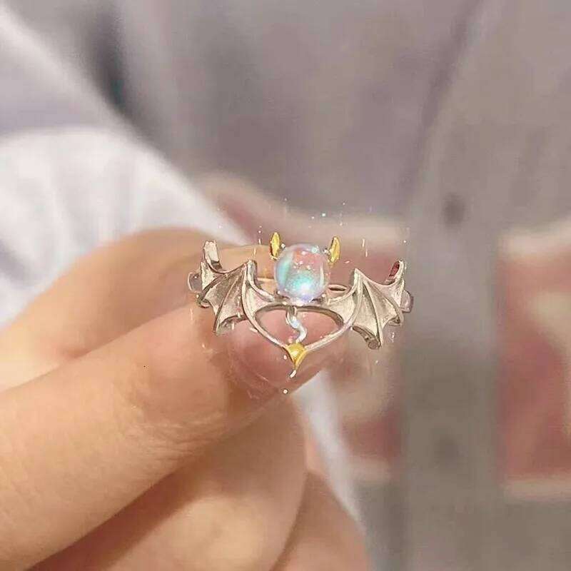 Romantic Angel and Demon Wings Couple Rings For Women Goth Fashion Moonstone Adjustable Opening Finger Men's Ring Party Jewelry W260206