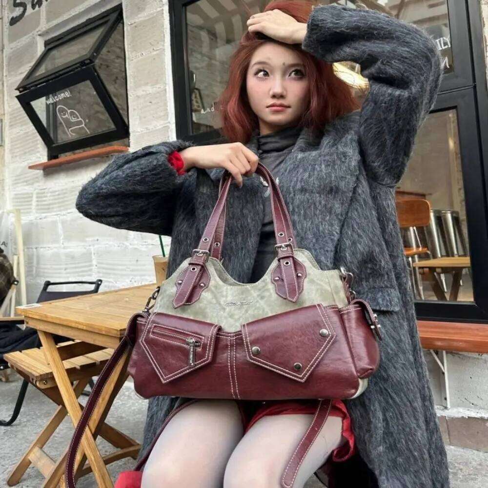 Women's Fashion PU Leather Shoulder Crossed Color Multifunctional Cowboy Backpack Large Capacity Flat Bag Y2K Aesthetic Y260205