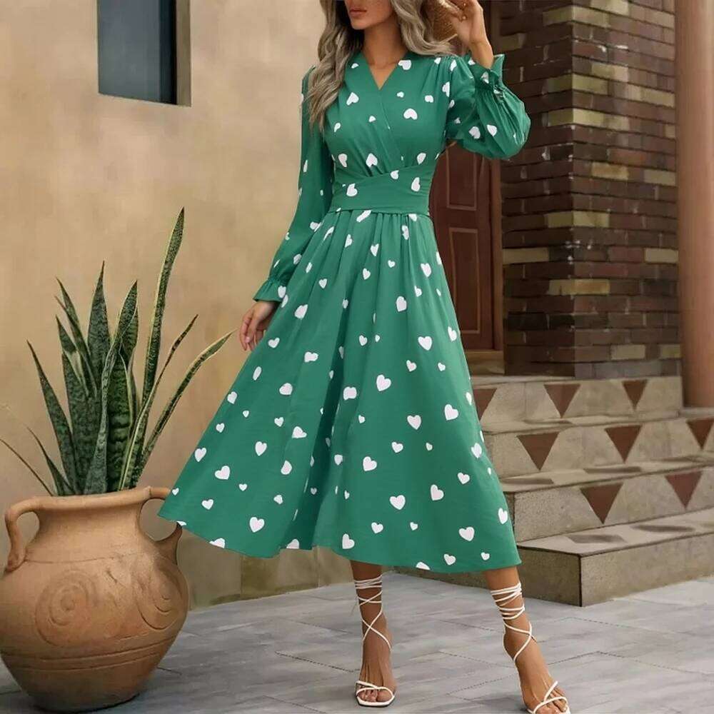 Yuoomuoo Romantic Heart Print Sleeve Women 2026 New French Fashion Slim Waist Bandage Long Dress Lady Party Vestidos