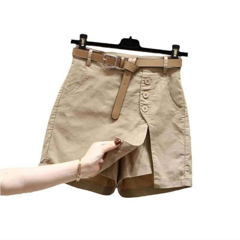 Women 2025 New belt cotton summer solid color button high-waisted double-deck Women's Shorts clothing SFF9355 XJ260206