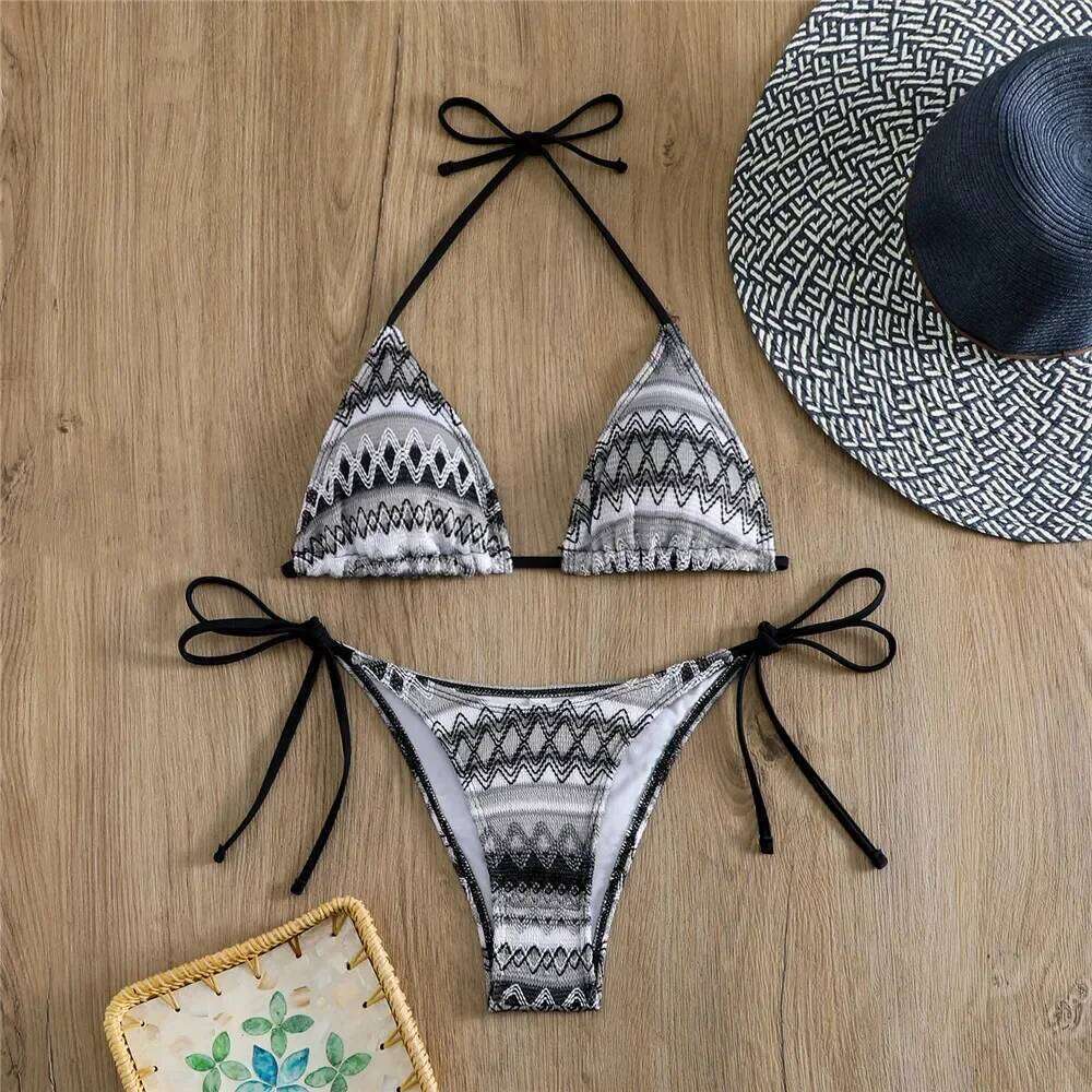Geometry Knitted Triangle Micro Bikini Thong Mujer String Halter Swimwear Mini Sexy Swimsuit Bathing Suit for Women Bikinis Sets XJ260206