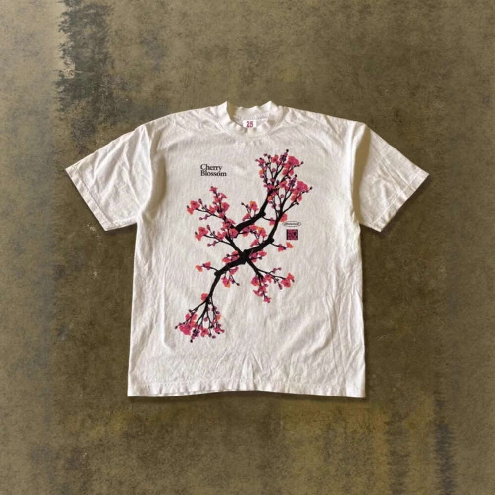 250g heavyweight pure cotton! American-style oversized peach blossom tree vintage print loose-fitting short-sleeve T-shirt for couples, women and men