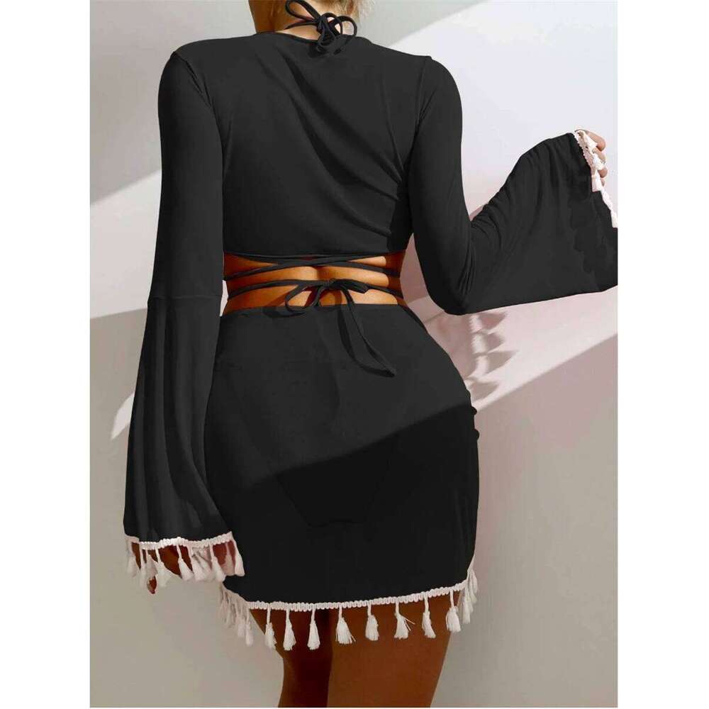 Sexy 4 Pieces Halter Bikinis Women Solid Swimwear Female Cover Up Swimsuit Long Sleeve And Skirt Bathing Suit Beachwear Summer Z260206