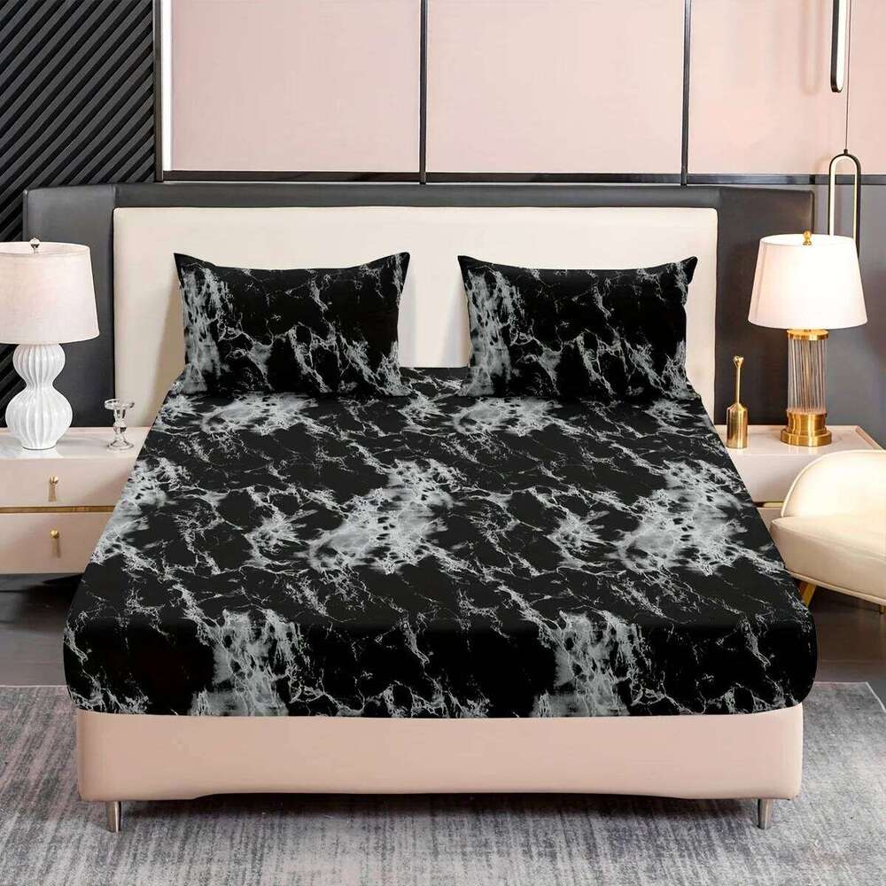 3-Piece Marble Print Fitted Sheet Set Ultra Soft, Breathable Microfiber Fabric, Hypoallergenic, Wrinkle-Resistant, Easy Care - XJ260206
