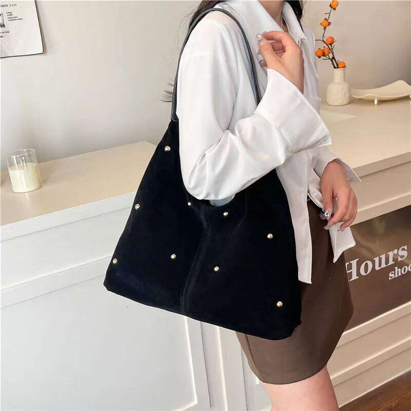 Simple Thread Design Women Faux Suede Shoulder Bags Rivet Large Capacity Ladies Handbags Commuter Female Underarm Tote Bag Y260205