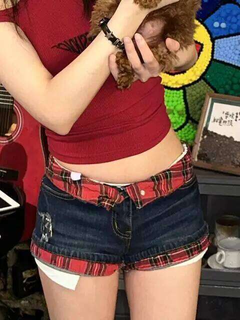 Y2k Women Vintage Splicing Plaid Denim Shorts Summer Low Waist Curling Design Jeans Hot Pants H260206