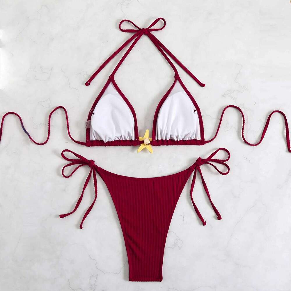 Yiiciovy New Women Push Up Swimwear 2 Piece Bikini Set Starfish Sexy Halter Bandage Beachwear Bathing Suits for Beach Pool Z260206