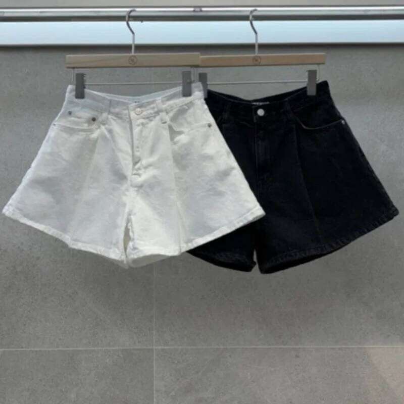 REALEFT Summer Washed High Waist Women's A-line Denim Pocket White 2025 New Casual Loose Wide Leg Jeans Shorts Female XJ260206