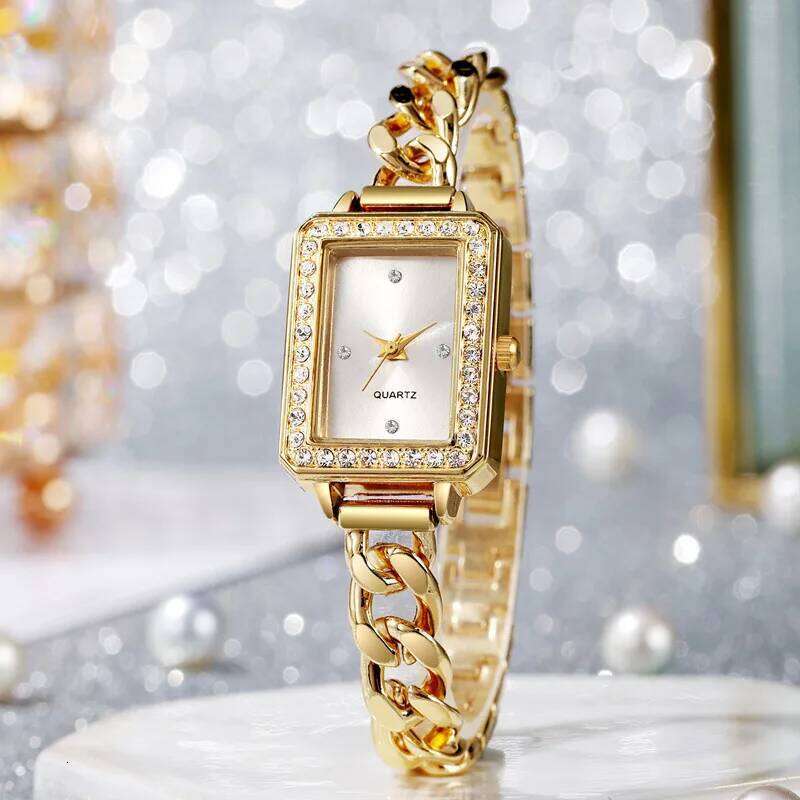 Ladies' Fashion Set Square Diamond Dot Scale Dial Steel Belt Chain Strap Quartz Watch Z260206