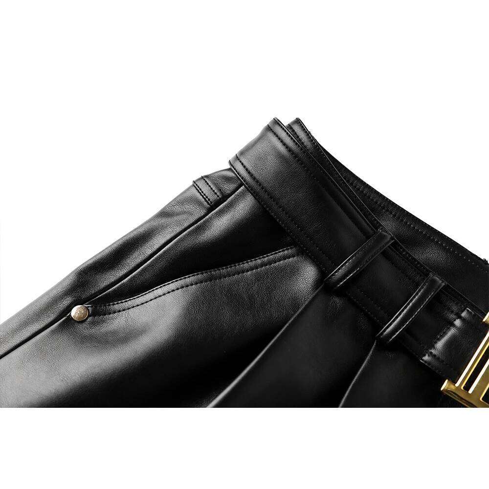 New Autumn Collections High Quality PU Leather Black Women Shorts with Belt All-mtach Casual Female Clothing XJ260206