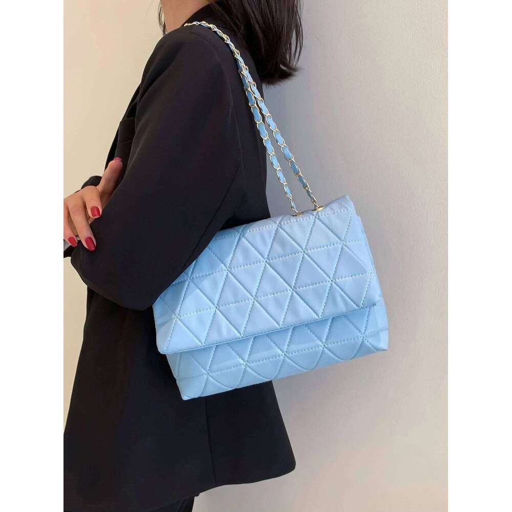 Fashion Blue Pu Flap Golden Large Capacity Niche Geometric Handbag Women's Embroidery Thread Metal Chain Shoulder Bag Y260205