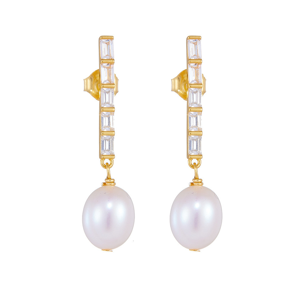 Exquisite 925 silver jewelry, high-quality freshwater pearl stud zircon earrings, fashionable OL commuter style earrings wholesale