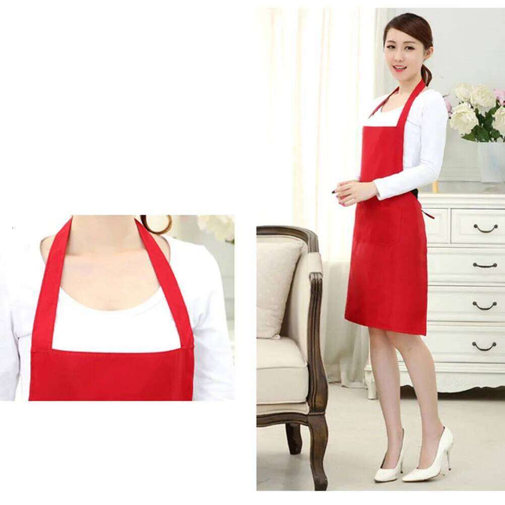 Waterproof Halter-Neck Kitchen Apron Pocket for Restaurant Home 60x70cm Red Bib Aprons with Pockets S260205